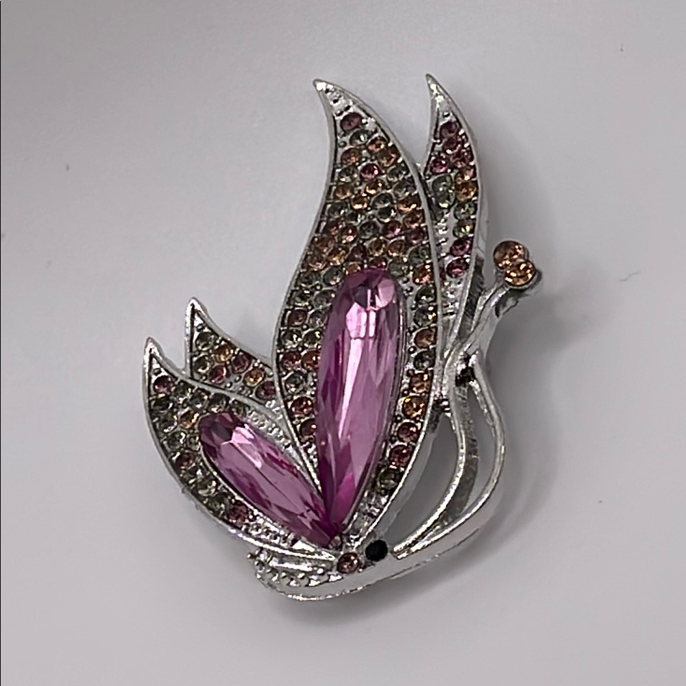 Elegant Butterfly Brooch With Pink And Silver Accents